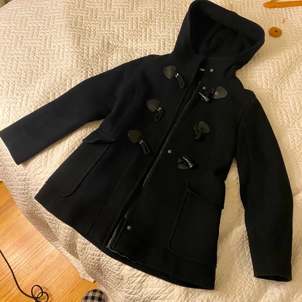 Trina Turk Black Wool Hooded Trench Coat Peacoat